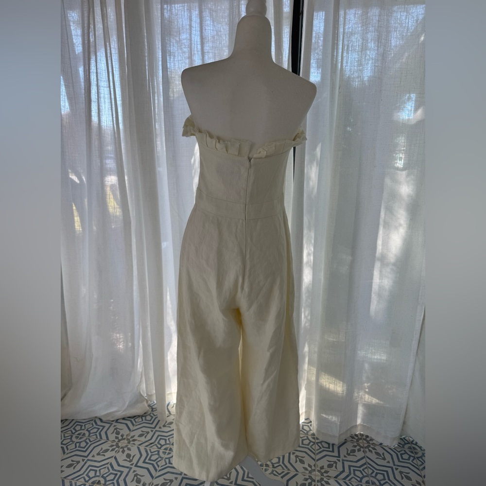ALEXIS Linen Strapless Wide Leg Jumpsuit Cream Ruffle Top XL (no belt) - Picture 6 of 15